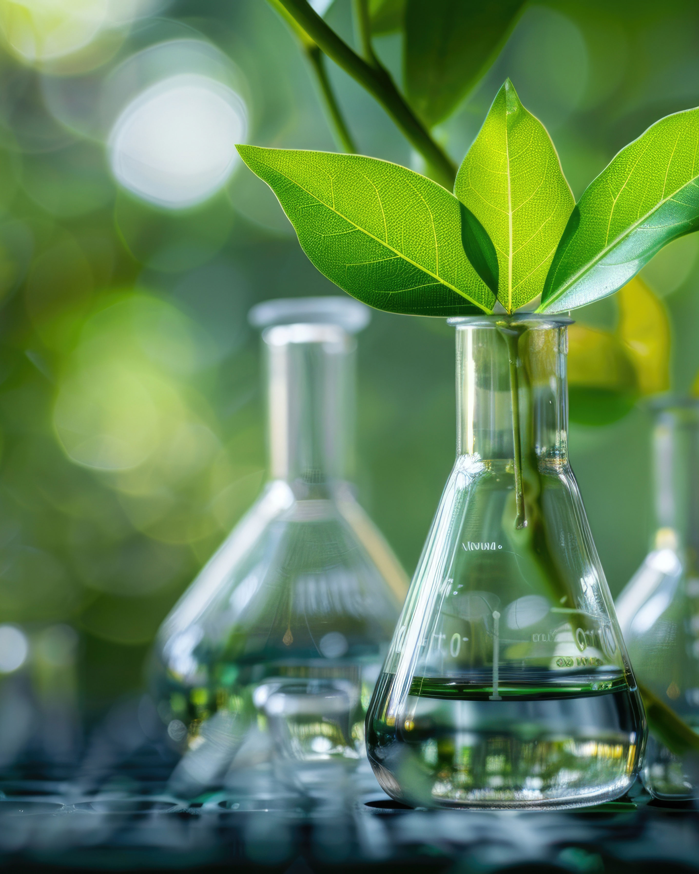 Moodbild Bechergläser mit Grünpflanzen zur Darstellung der ökologischen produktzertifizierungen bei BÜFA Chemicals