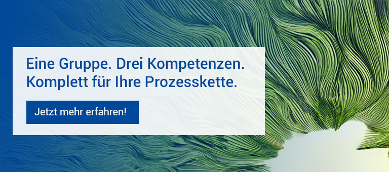 Grafisches Motiv mit grün-blauer Struktur und Text ‚Eine Gruppe. Drei Kompetenzen. Komplett für Ihre Prozesskette.‘ – visualisiert das ganzheitliche Leistungsangebot der BÜFA Gruppe für die Coatings-Industrie